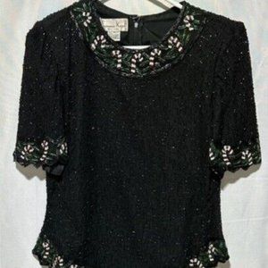 Vintage Laurence Kazar Black Silk Sequin Candy Cane Christmas Top Large Zip Back